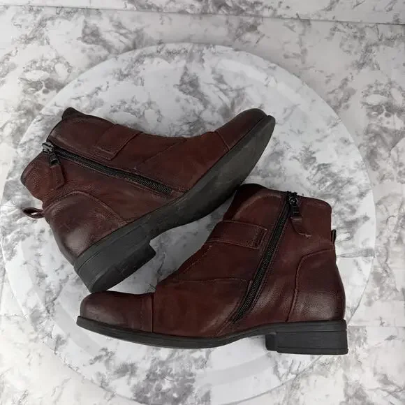 Miz Mooz Womens Siggy Bucket Ankle Boots Size 38/8 Merlot Brown Leather Side Zip